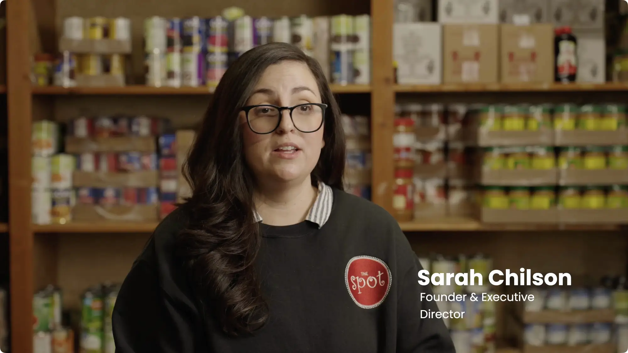 Sarah Chilson, Founder and Director Emeritus of The Spot, in the food pantry